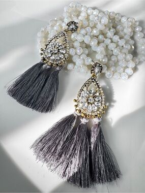 Anthropologie Gray Tassel Pendant Earrings with Crystal Medallion